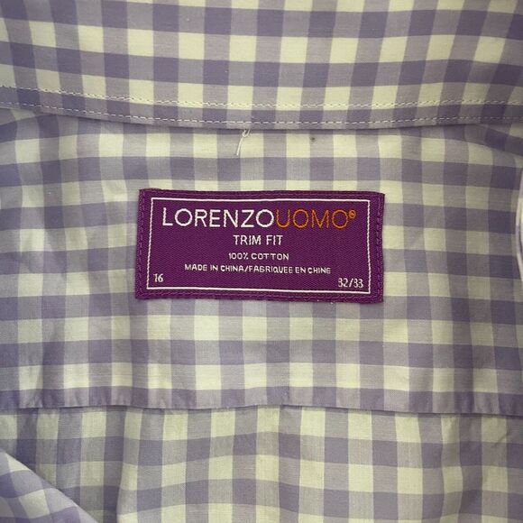 LorenzoUomo Shirt Mens 16 32/33 Purple Check Trim Fit Cotton Button Up Business - Picture 2 of 7